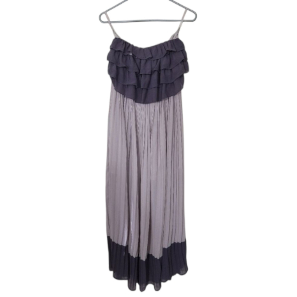 Ya Los Angeles Silk Purple Pleated Strapless Maxi Dress Two Tone Tube Top Size L